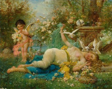Impresionismo Painting - ángel floral y desnudo Hans Zatzka bella mujer dama